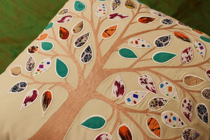Beige Tree of Life Decorative Pillow Cover Cotton Applique Work Designs 18"x18" - KashmirDesigns