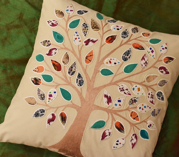Beige Tree of Life Decorative Pillow Cover Cotton Applique Work Designs 18"x18" - KashmirDesigns