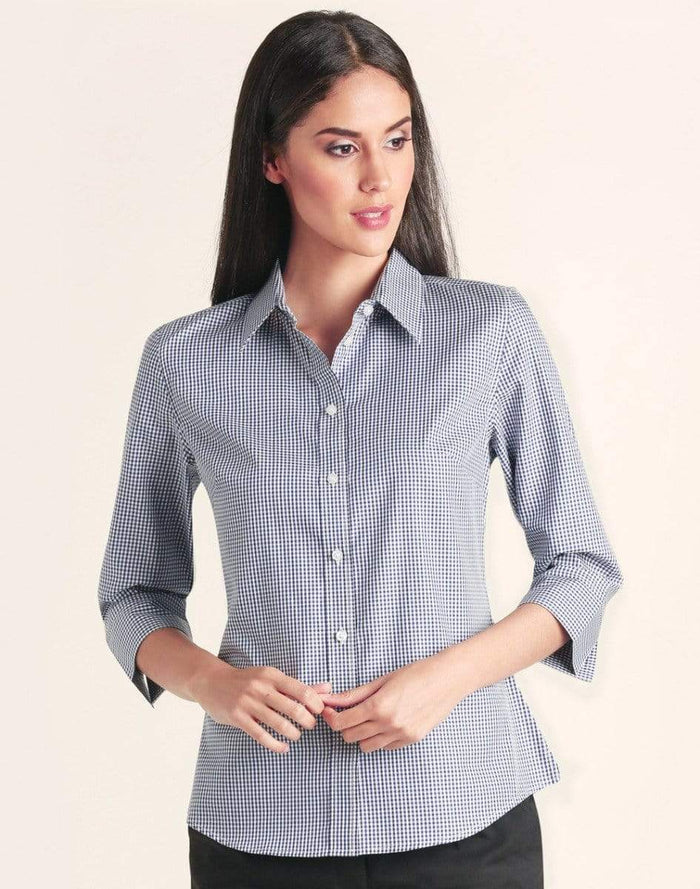 BENCHMARK Ladies’ Two Tone Gingham 3/4 Sleeve Shirt M8320Q Metro Workwear.