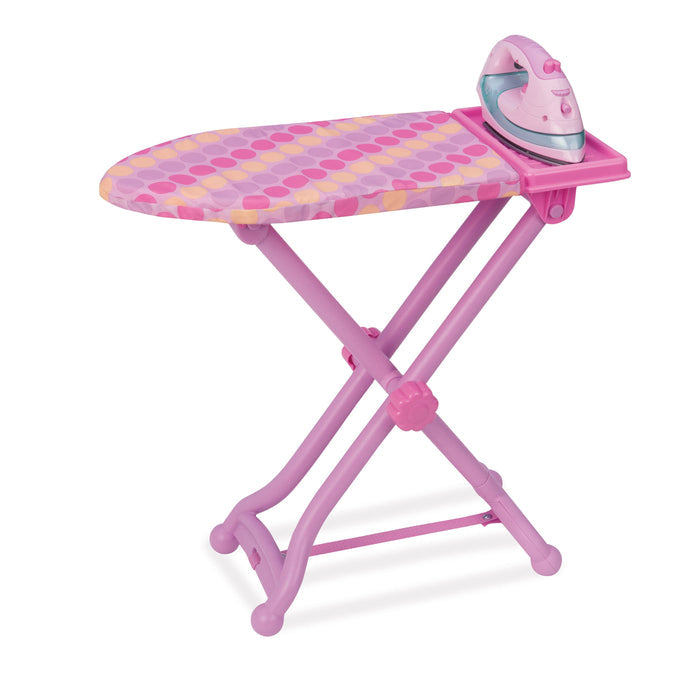 A toy ironing board and iron combo in cute pink and pastel colors.