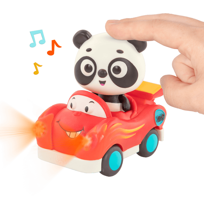 Light-up toy panda in race car.