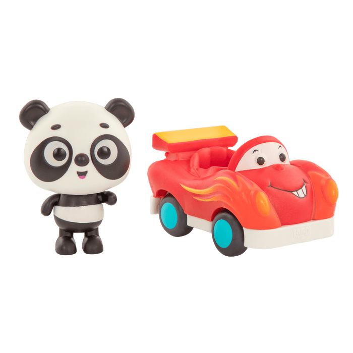 Light-up toy panda in race car.