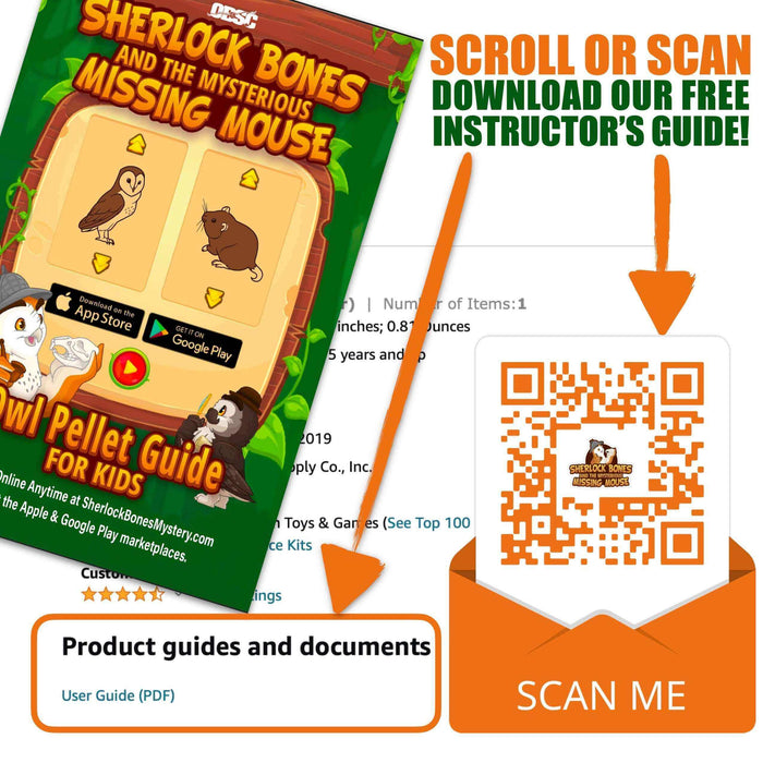 Extra-Large 5-Pack Exploration Activity + Guide featuring OBDK owl pellet guides and QR code for instructor resource.