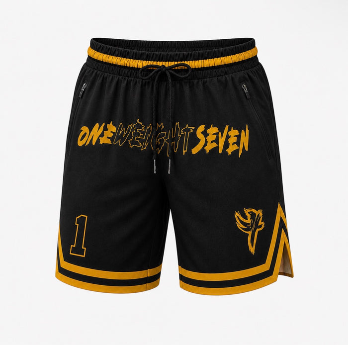 Black and yellow gold OW7 shorts