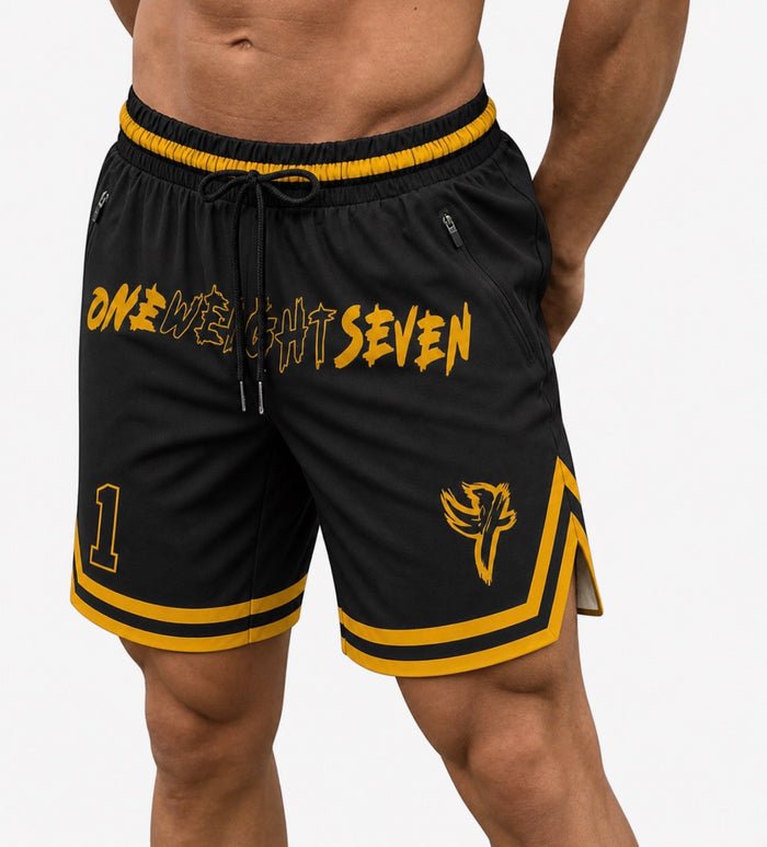 Black and yellow gold OW7 shorts