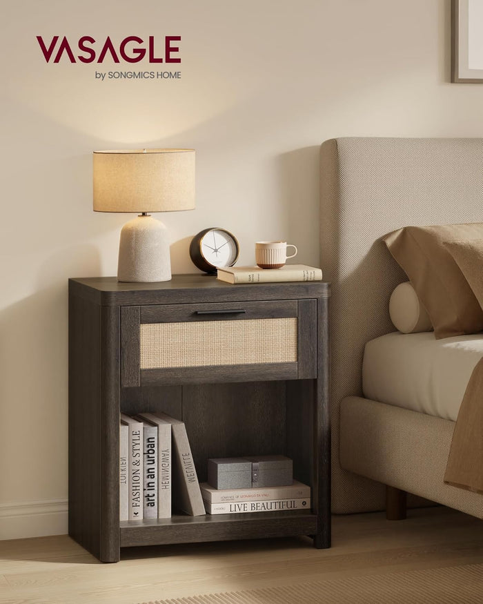 Black Boho Nightstands with Rattan-Look Drawer - Canva Home