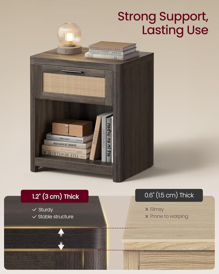 Black Boho Nightstands with Rattan-Look Drawer - Canva Home