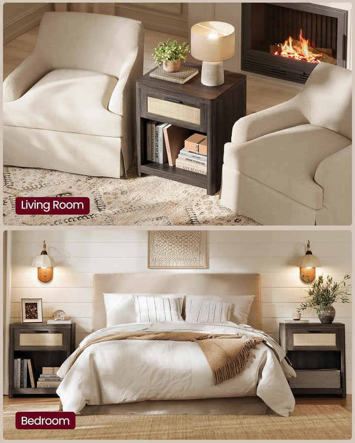 Black Boho Nightstands with Rattan-Look Drawer - Canva Home