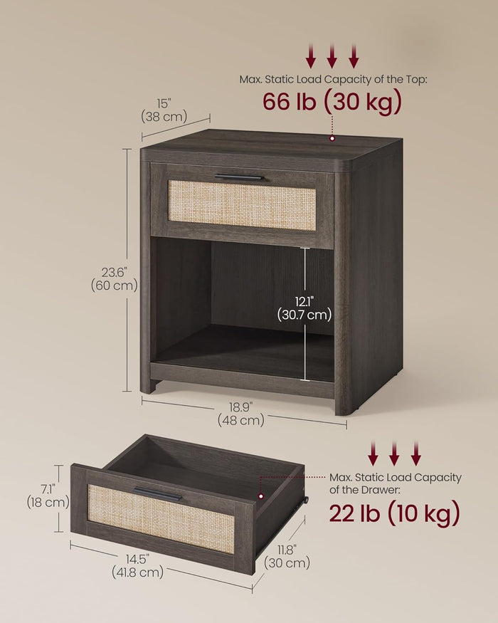Black Boho Nightstands with Rattan-Look Drawer - Canva Home