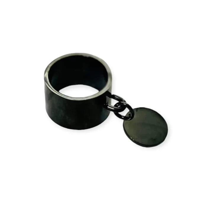 Black Coin Charm Statement Ring white background size 11