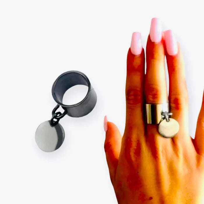 Black Coin Charm Statement Ring with silver style worn on womans hand