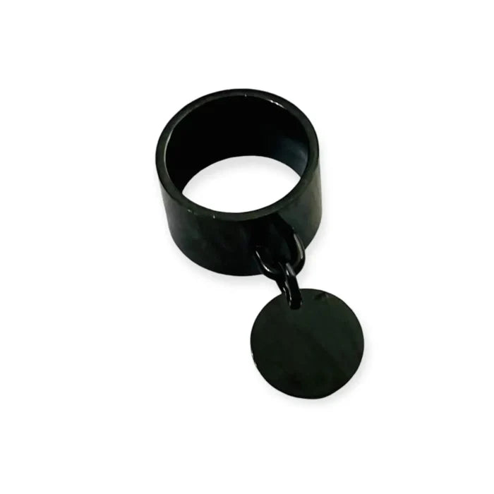 Black Coin Charm Statement Ring white background size 11