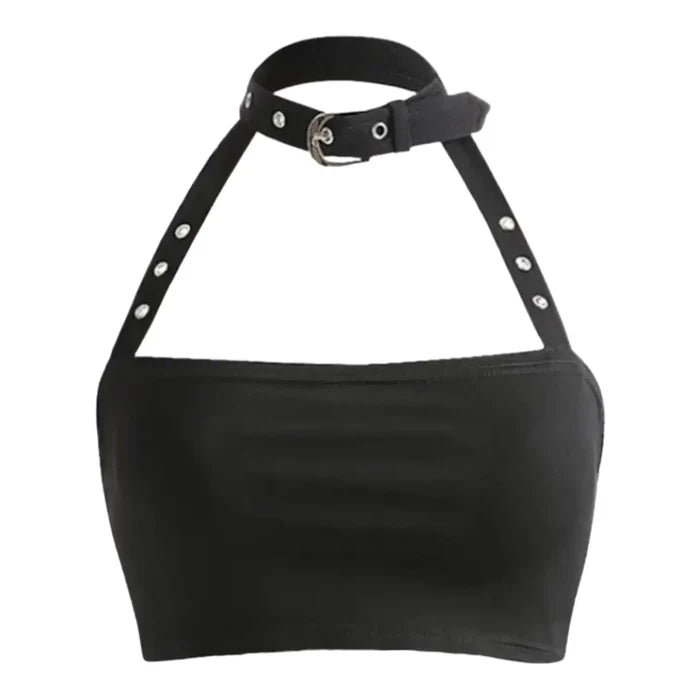 Black Cut Out Buckle Collar Crop Top