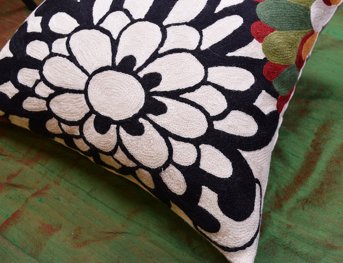 Black Daisy Floral Pillow Cover Modern II Art Nouveau Cushions Hand Embroidered Wool 18x18" - KashmirDesigns
