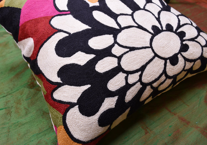 Black Daisy Floral Pillow Cover Modern II Art Nouveau Cushions Hand Embroidered Wool 18x18" - KashmirDesigns