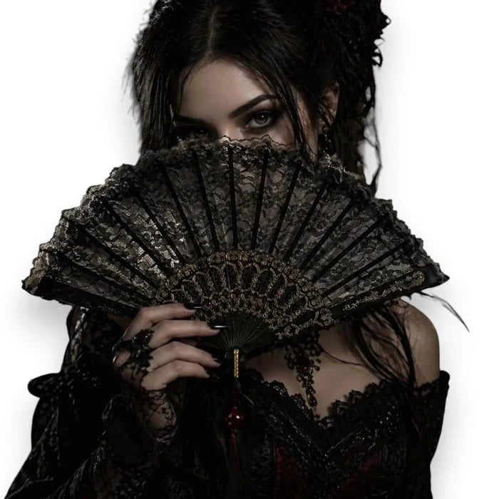 Black Lace Vintage Handheld Fan gothic woman holding with red beaded and black ribbon tassel