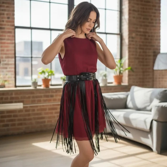 Black faux leather fringe statement belt with long tassels, wide waistband and silver or gunmetal hardware