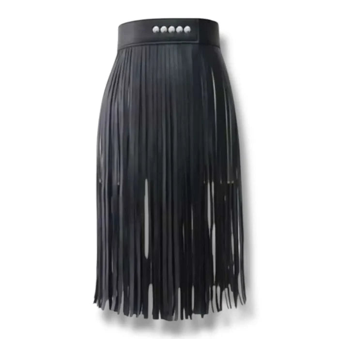 Black faux leather fringe statement belt with long tassels, wide waistband and silver or gunmetal hardware