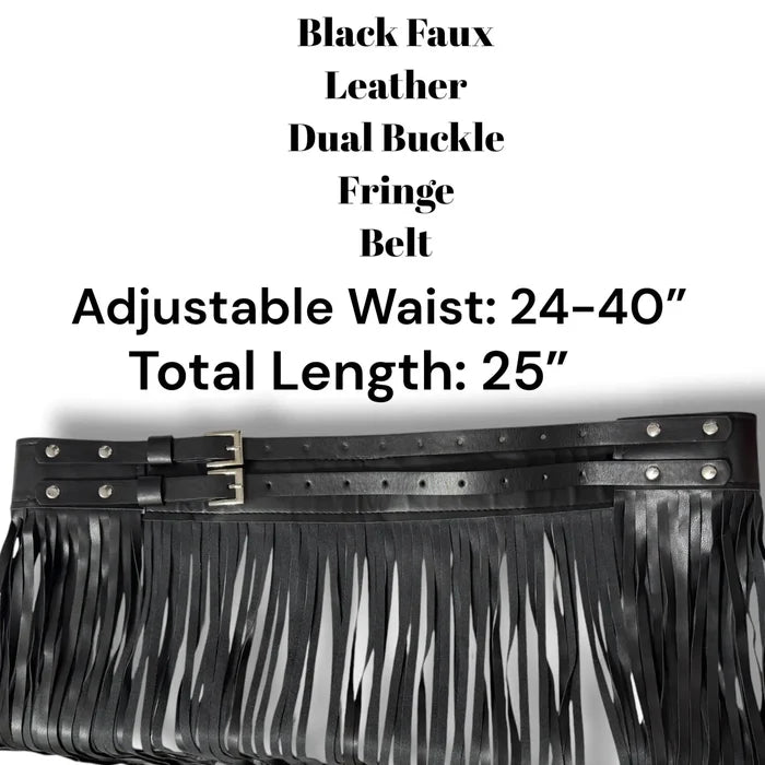 Black Leather Long Fringe Statement Belt with dual buckles and adjustable waist from 24 to 40 inches.
