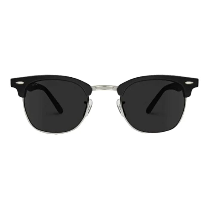 Black polarized semi rimless sunglasses with silver metal accents and adjustable nose pads – sleek unisex shades for festivals, driving, and outdoor wear