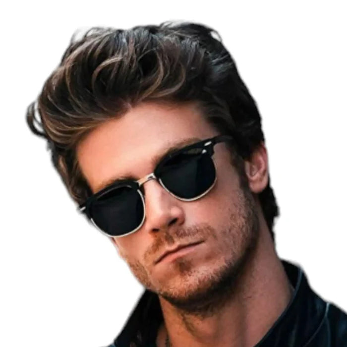 Black polarized semi rimless sunglasses with silver metal accents and adjustable nose pads – sleek unisex shades for festivals, driving, and outdoor wear