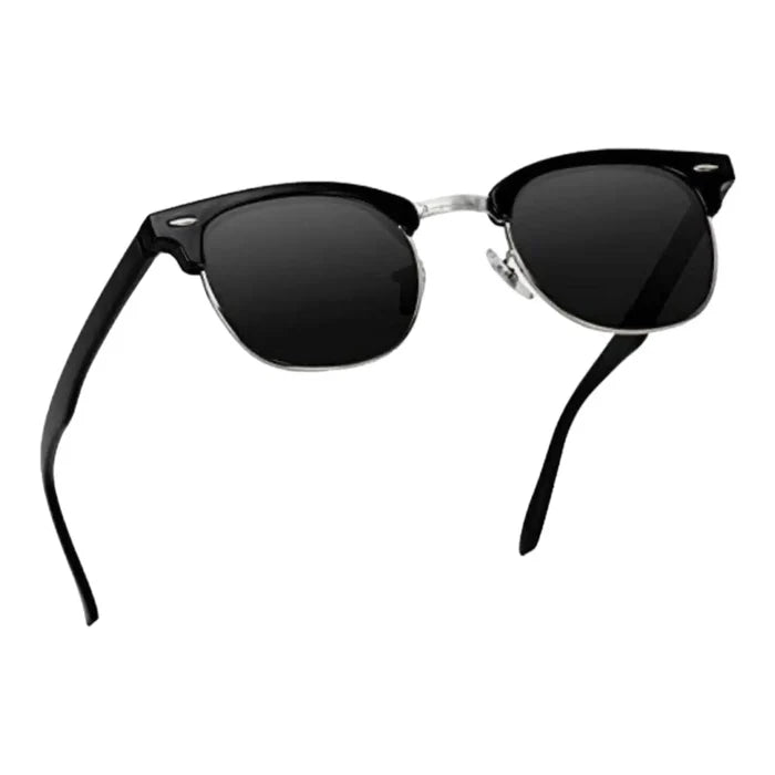 Black polarized semi rimless sunglasses with silver metal accents and adjustable nose pads – sleek unisex shades for festivals, driving, and outdoor wear