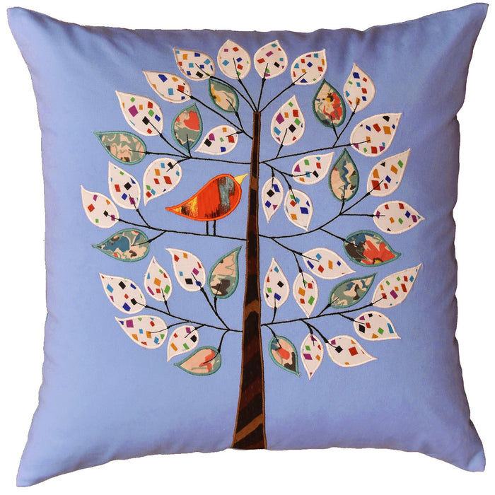 Bleu de France Tree of Life Bird Decorative Pillow Cover Cotton Applique 18"x18" - KashmirDesigns