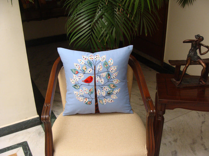Bleu de France Tree of Life Bird Decorative Pillow Cover Cotton Applique 18"x18" - KashmirDesigns