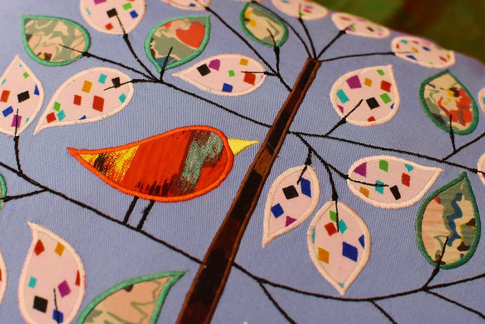 Bleu de France Tree of Life Bird Decorative Pillow Cover Cotton Applique 18"x18" - KashmirDesigns