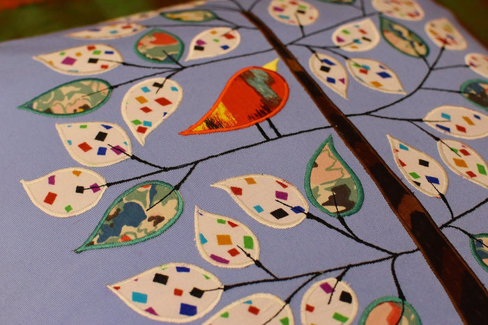 Bleu de France Tree of Life Bird Decorative Pillow Cover Cotton Applique 18"x18" - KashmirDesigns