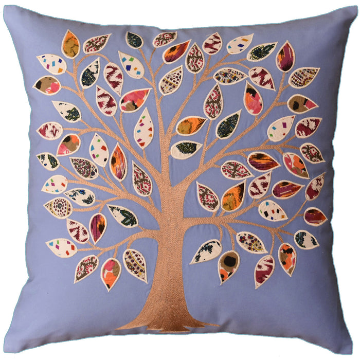 Bleu de France Tree of Life Decorative Pillow Cover Cotton Applique Work 18"x18" - KashmirDesigns