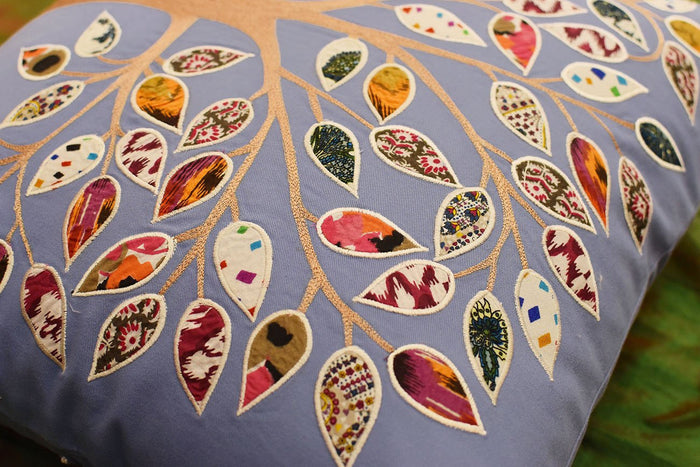 Bleu de France Tree of Life Decorative Pillow Cover Cotton Applique Work 18"x18" - KashmirDesigns