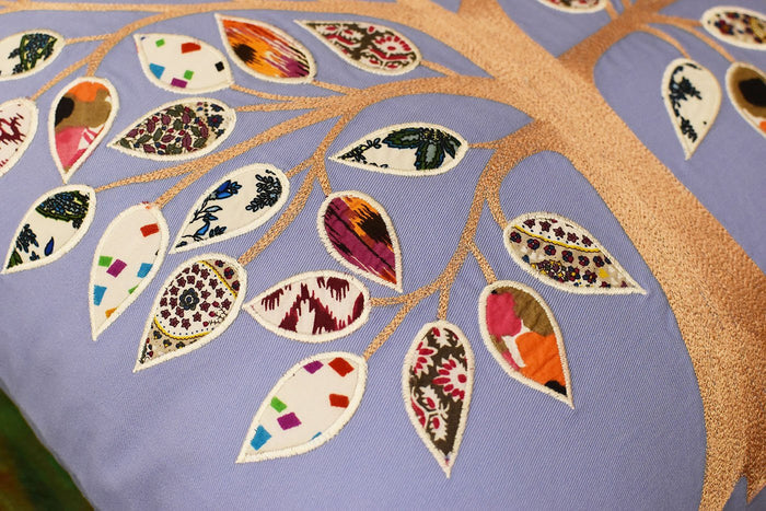 Bleu de France Tree of Life Decorative Pillow Cover Cotton Applique Work 18"x18" - KashmirDesigns
