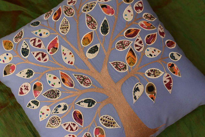 Bleu de France Tree of Life Decorative Pillow Cover Cotton Applique Work 18"x18" - KashmirDesigns
