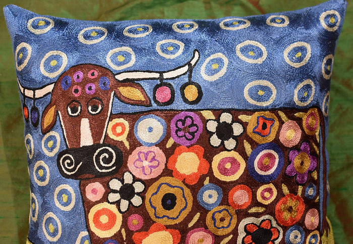 Blooming Cow Karla Gerard Accent Pillow Cover Handembroidered Art Silk 18"x18" - KashmirDesigns