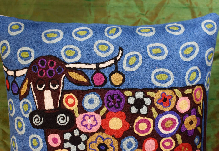 Blooming Cow Karla Gerard Decorative Pillow Cover Handembroidered Wool 18"x18" - KashmirDesigns
