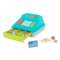 Toy cash register with play money and credit cards.