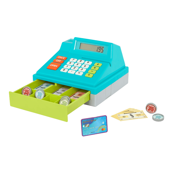 Toy cash register with play money and credit cards.