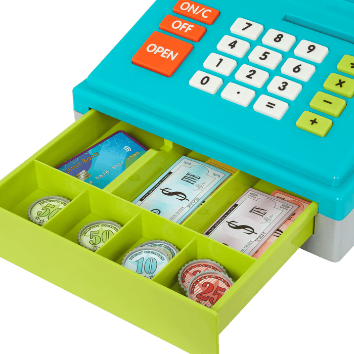 Toy cash register with play money and credit cards.