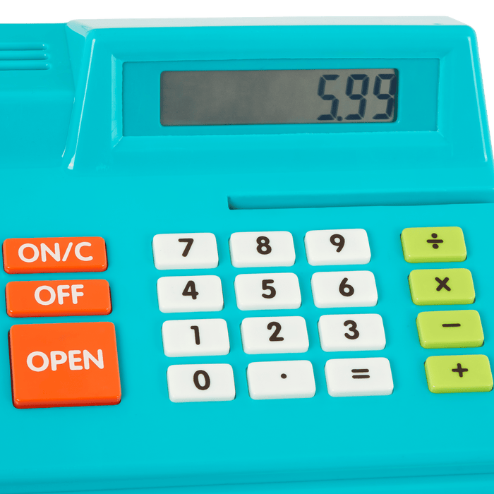 Toy cash register with play money and credit cards.