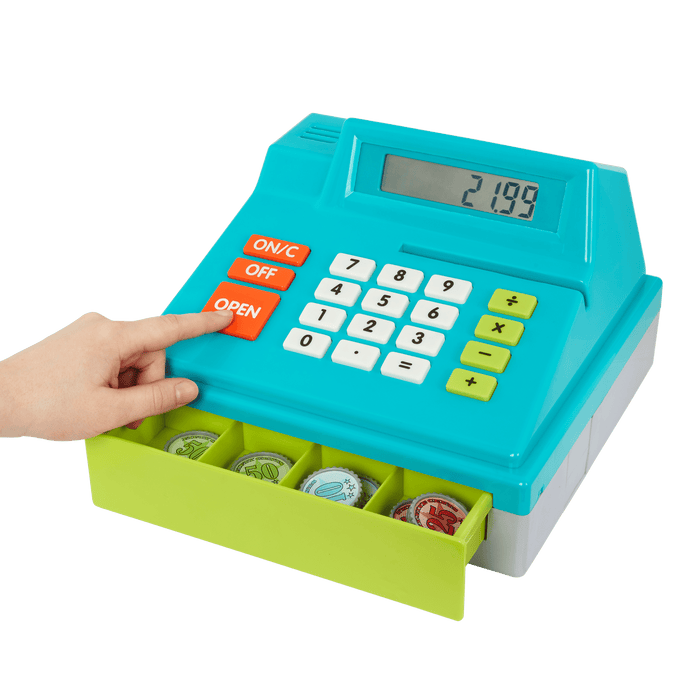 Toy cash register with play money and credit cards.