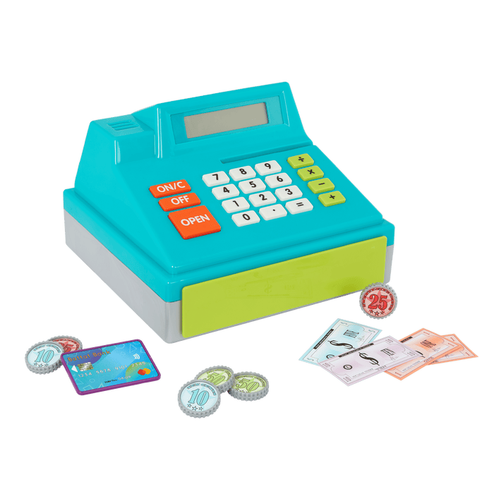 Toy cash register with play money and credit cards.
