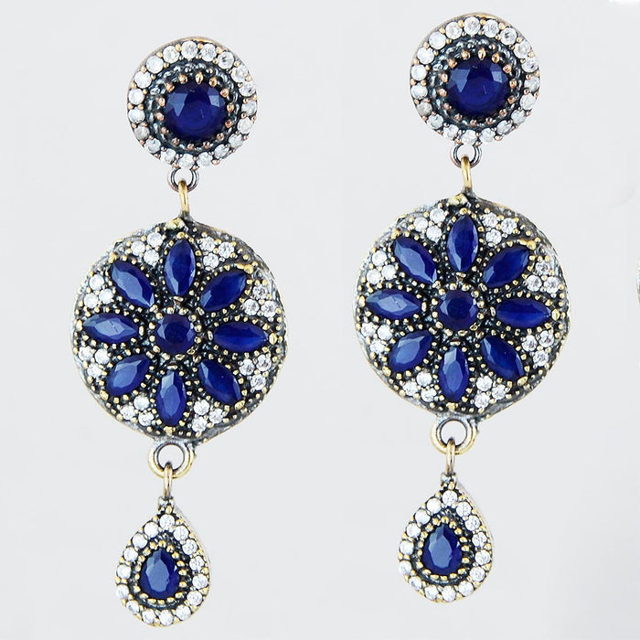 Blue Sapphire Earrings 925 Sterling Silver Drop Vintage Chandelier Handcrafted - KashmirDesigns