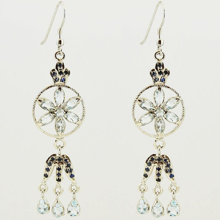 Blue Topaz Daisy Dangle Sterling Silver Earrings - Kashmir Designs