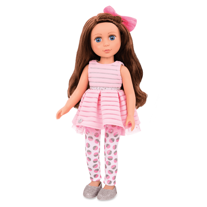 14-inch posable doll with brown hair and blue eyes