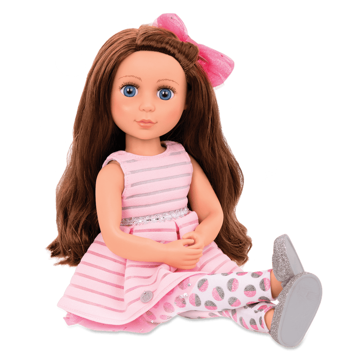 14-inch posable doll with brown hair and blue eyes