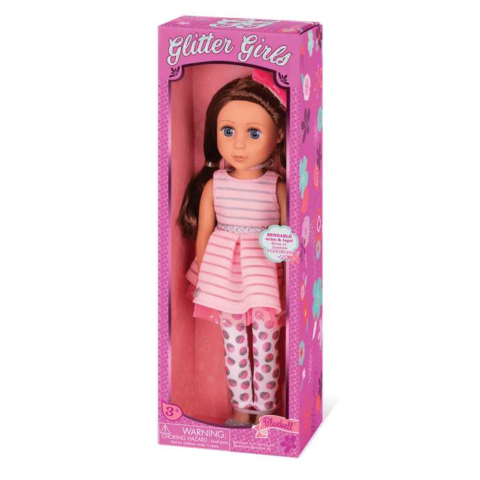 14-inch posable doll with brown hair and blue eyes