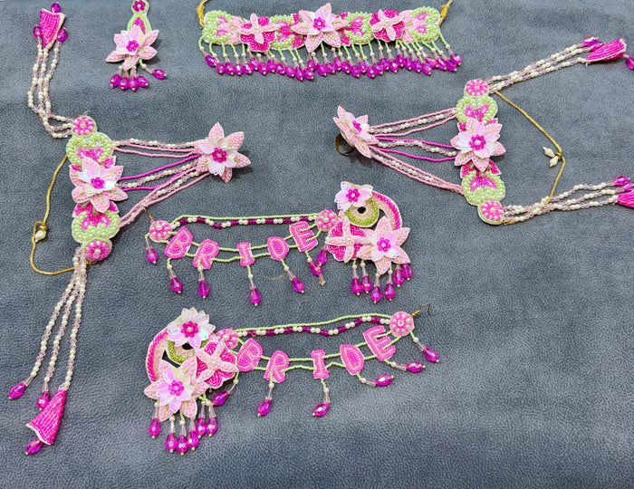 Blush Pink Floral Bride Beaded Haldi Mehendi Jewellery Set