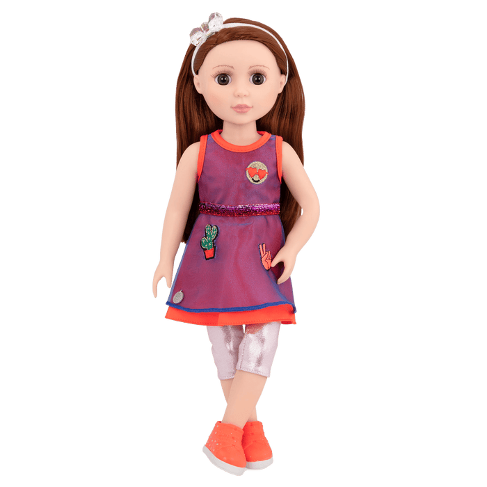 14-inch posable doll with dark red hair and brown eyes