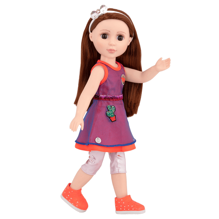 14-inch posable doll with dark red hair and brown eyes
